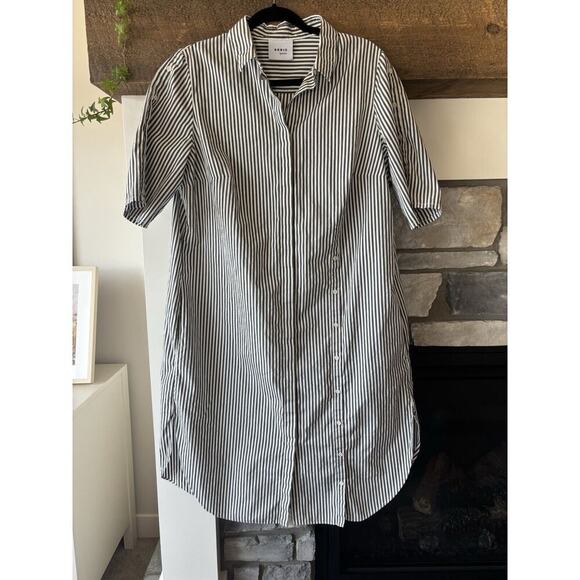 Akris Pinto Shirt Dress 14 Vertical Stripe Green White Natural Minimal Quiet Lux - Picture 1 of 11